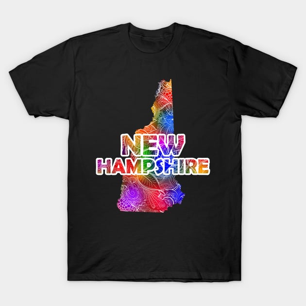 Colorful mandala art map of New Hampshire with text in multicolor pattern T-Shirt by Happy Citizen